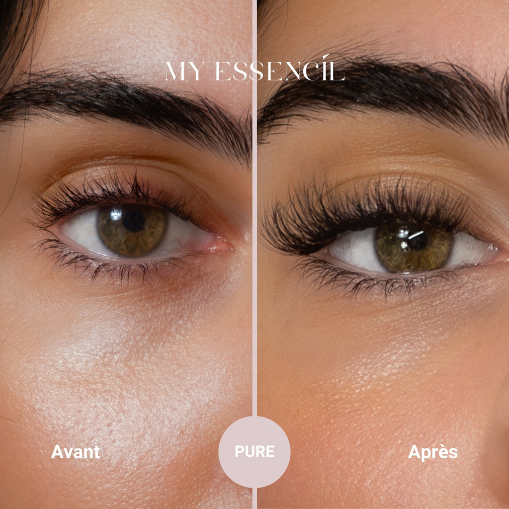 Gros plan avant / après sur un œil noisette avec les faux cils PURE