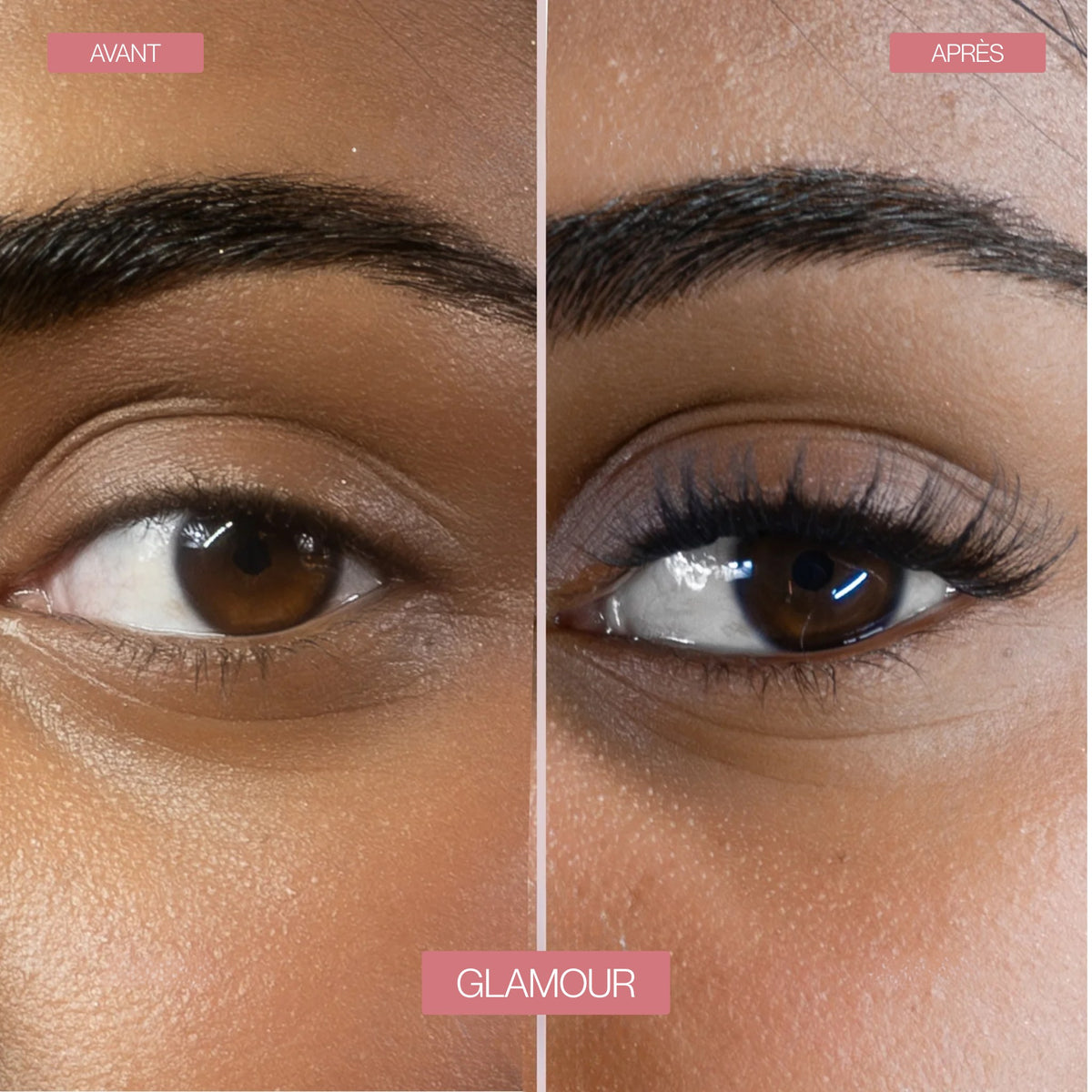 Avant / après pose des faux cils GLAMOUR sur des yeux marron en gros plan