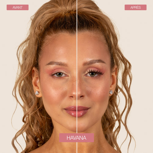 Avant / après pose des faux cils marron HAVANA sur une femme blonde bouclée