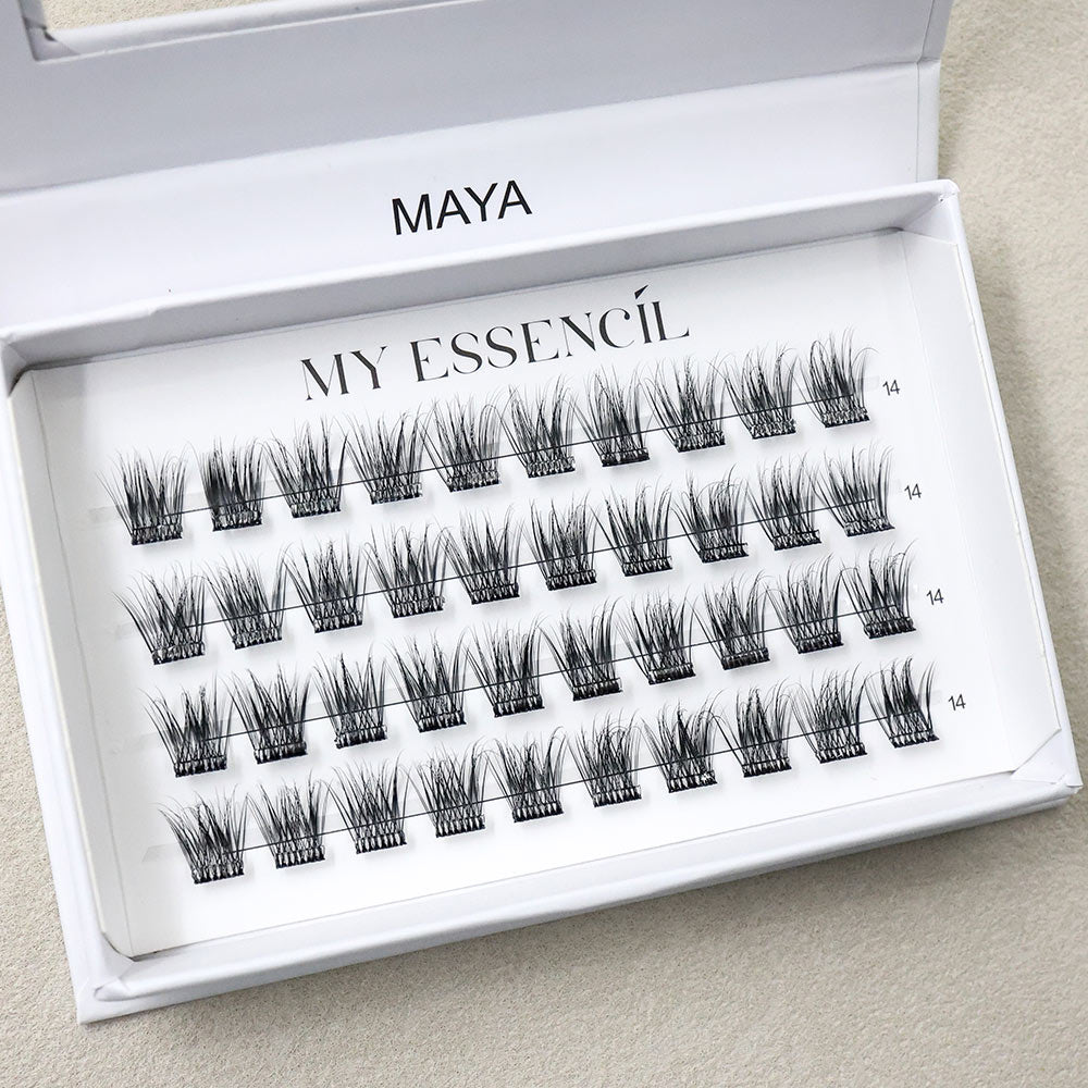 Faux cils press-on MAYA en gros plan, clusters réguliers