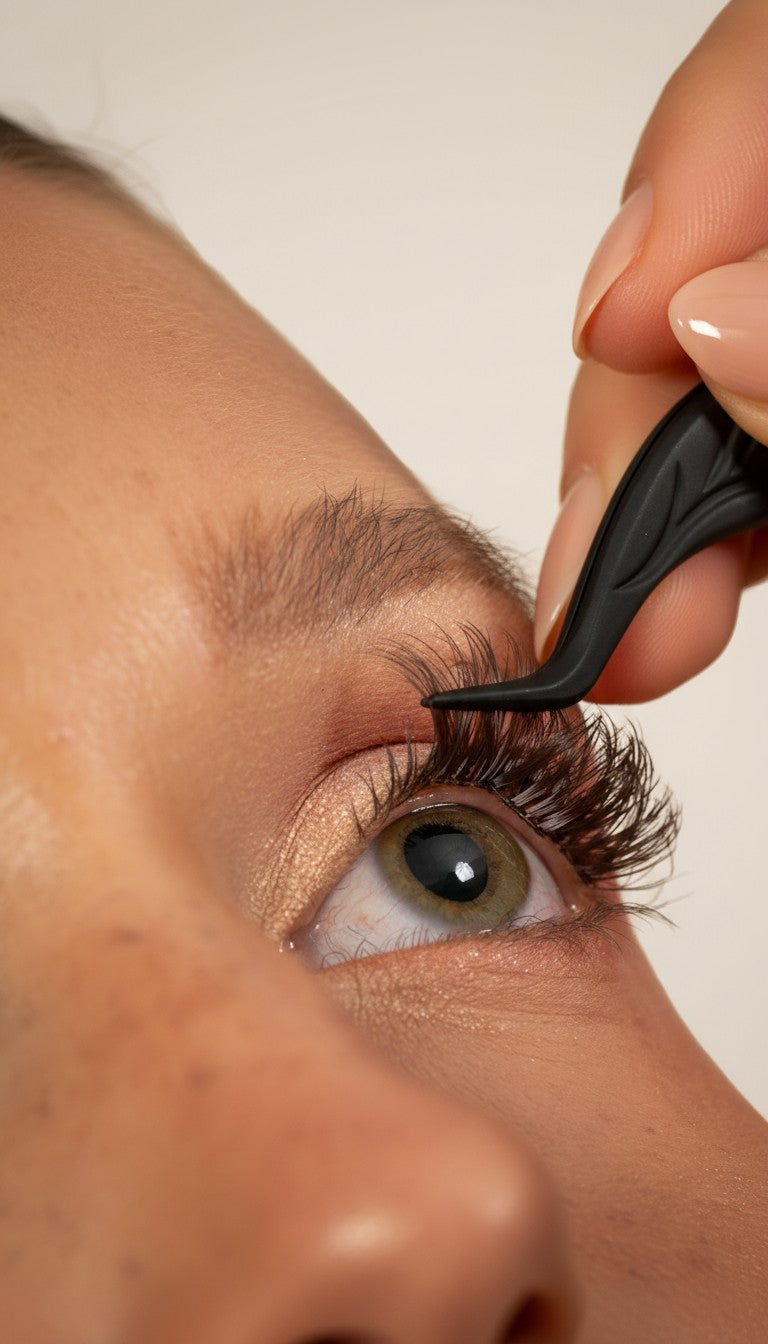 Application d'un cluster de faux cils sous les cils naturels avec la pince MyEssencìl