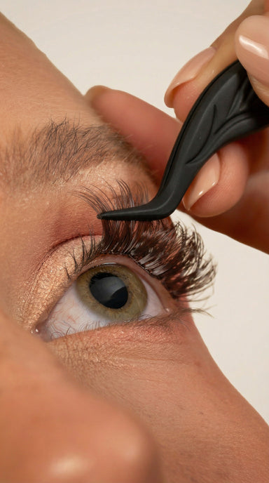 Gros plan sur la pose d'un faux cil précollé à la pince, regard vers le haut
