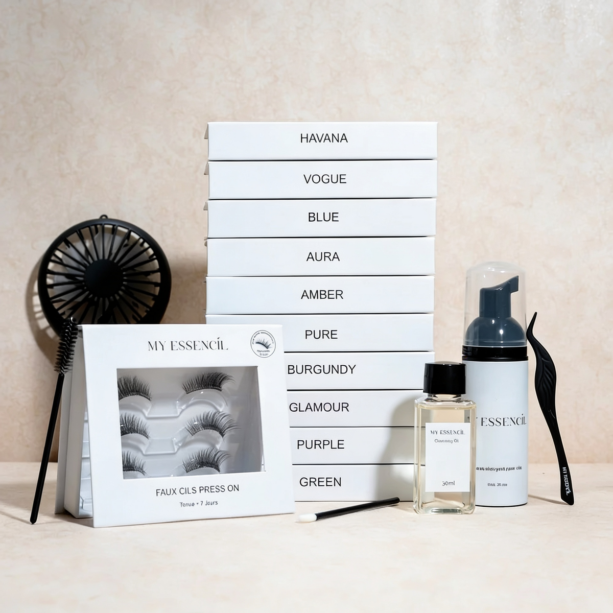 Collection de faux cils press-on MyEssencìl avec ventilateur, huile et mousse