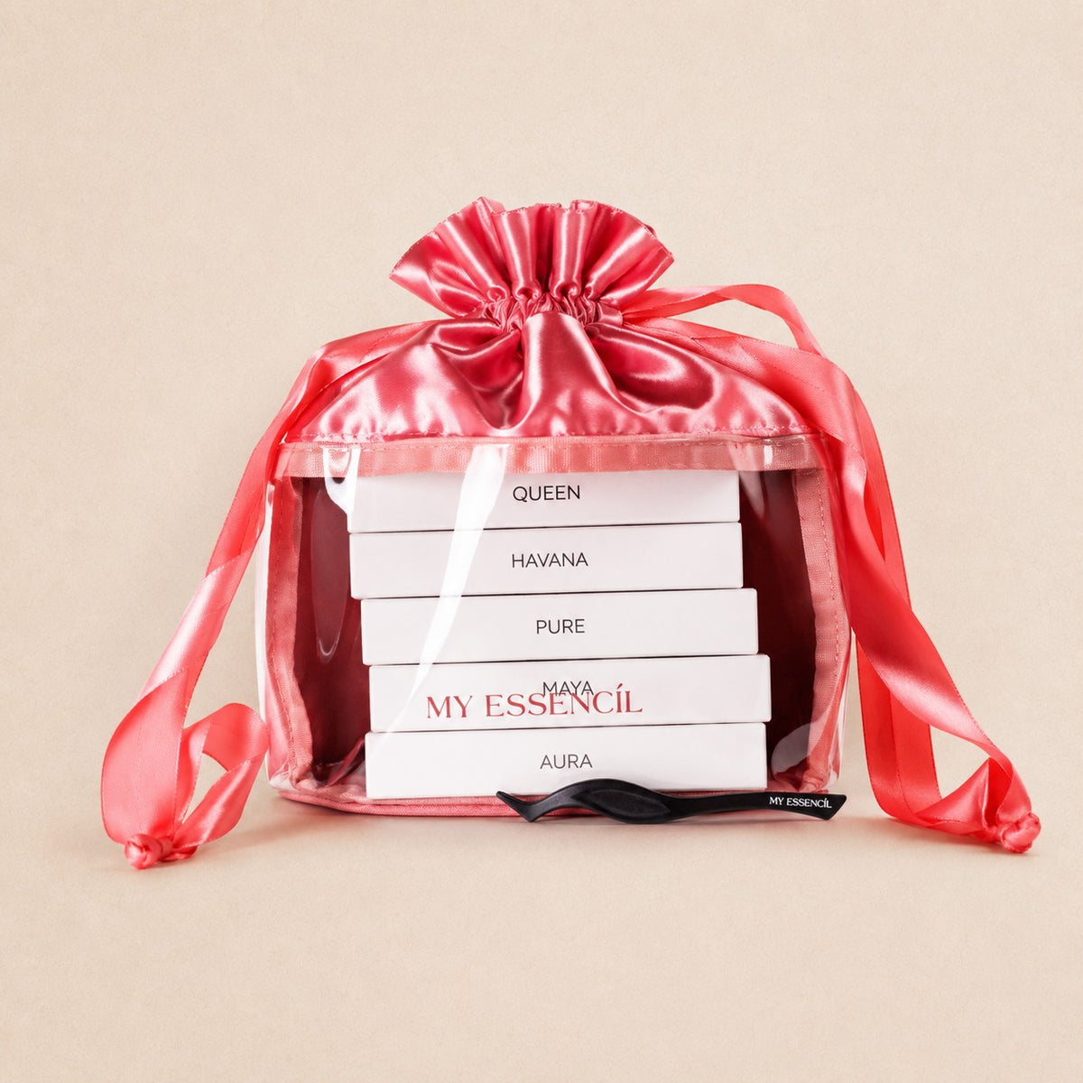 Mini sac bourse vanity rose satiné rempli de boîtes de faux cils MyEssencìl